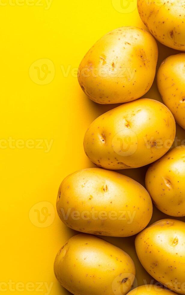 Golden potatoes on yellow bg. Fresh golden potatoes on a vivid yellow backdrop showcase their smooth texture and natural hue. photo