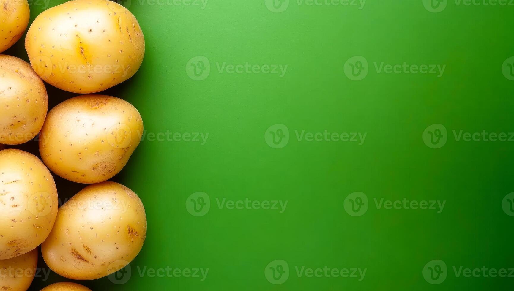 Fresh potatoes on green background. Freshly harvested yellow potatoes are arranged on a vibrant green surface, highlighting their natural texture. photo