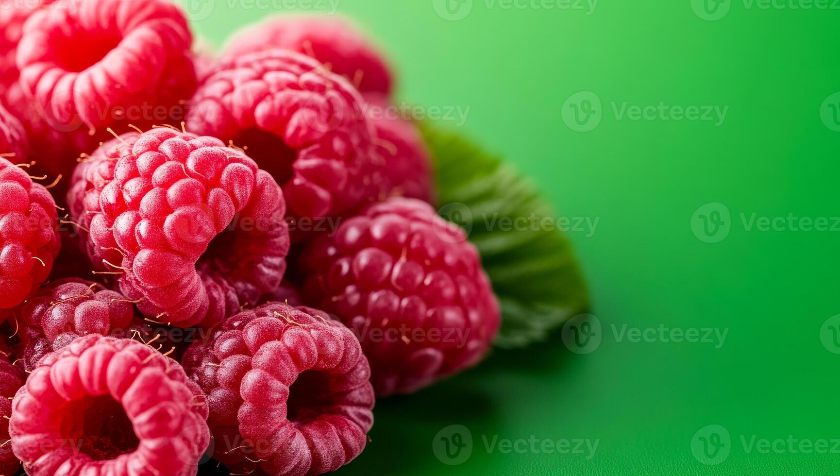 Raspberries on green backdrop. Juicy raspberries sit together on a bright green surface, showcasing their texture and rich color. photo