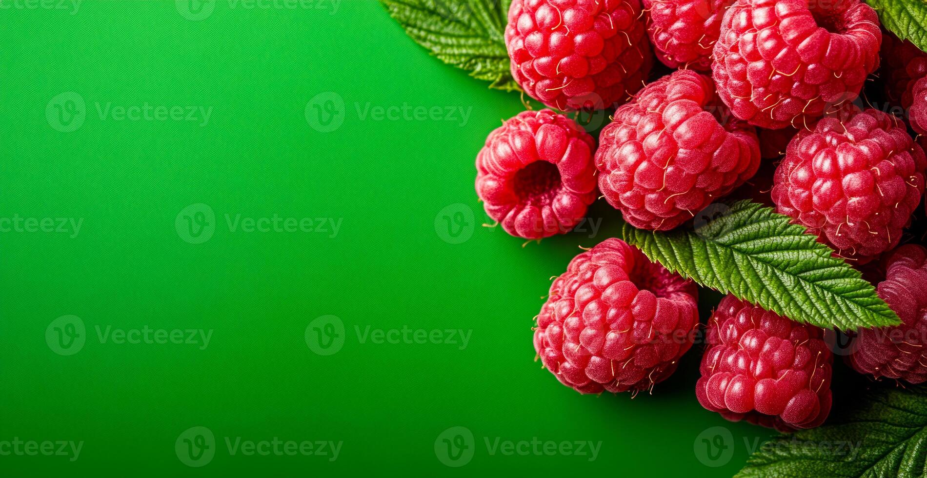 Fresh raspberries on green background. Bright red raspberries resting on a vibrant green surface, showcasing their texture and natural beauty. photo