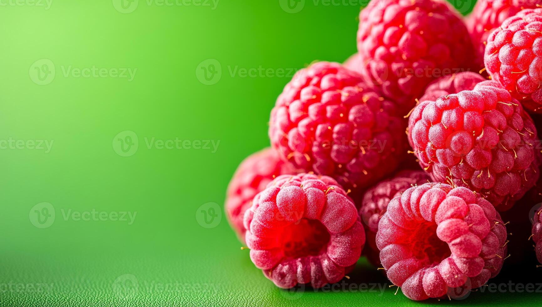 Raspberries on green surface. Group of luscious, ripe raspberries arranged on a vibrant green background, showcasing their rich color and texture. photo
