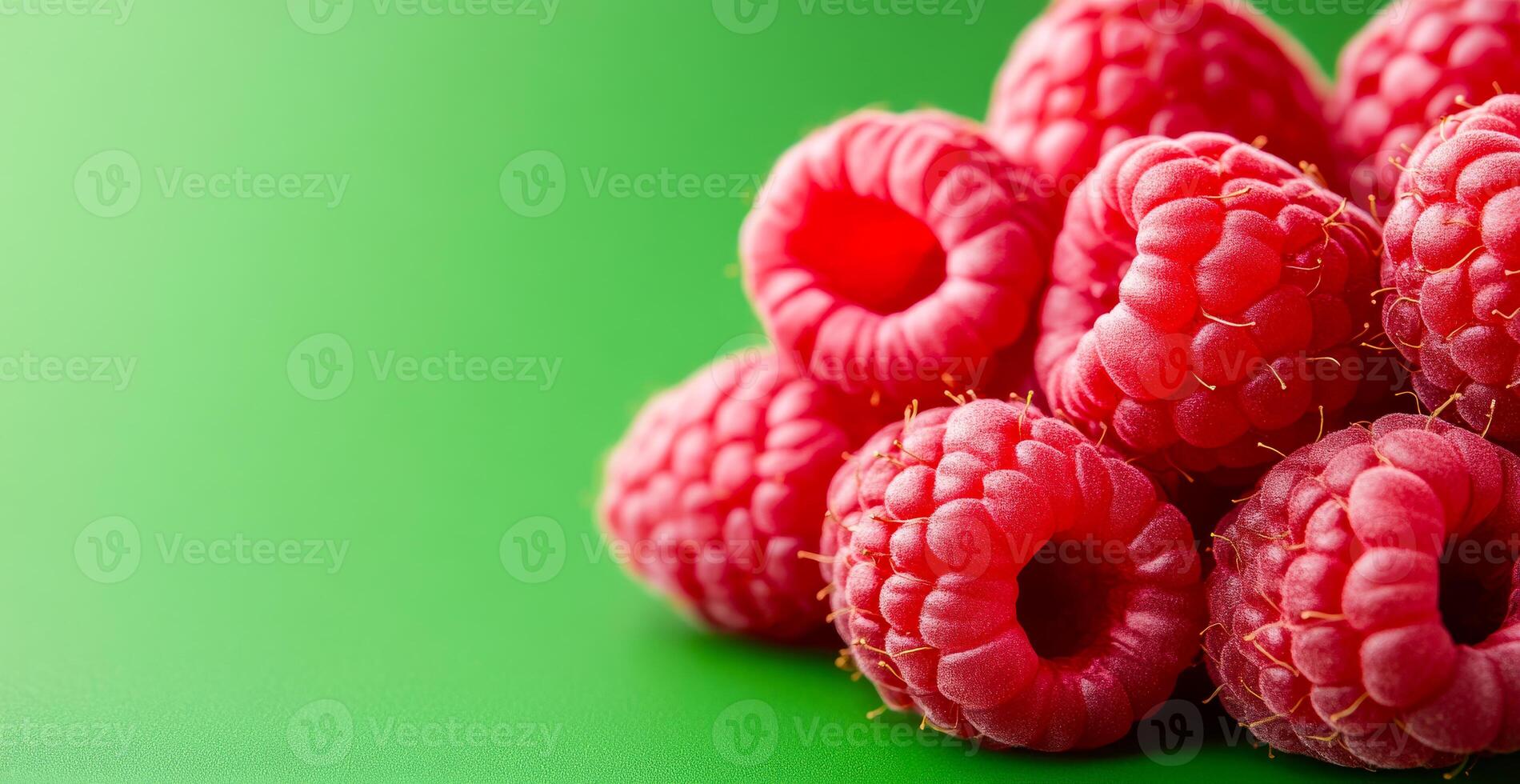 Ripe raspberries on green. Fresh, juicy raspberries arranged closely together on a bright green surface, showcasing their rich color and texture. photo