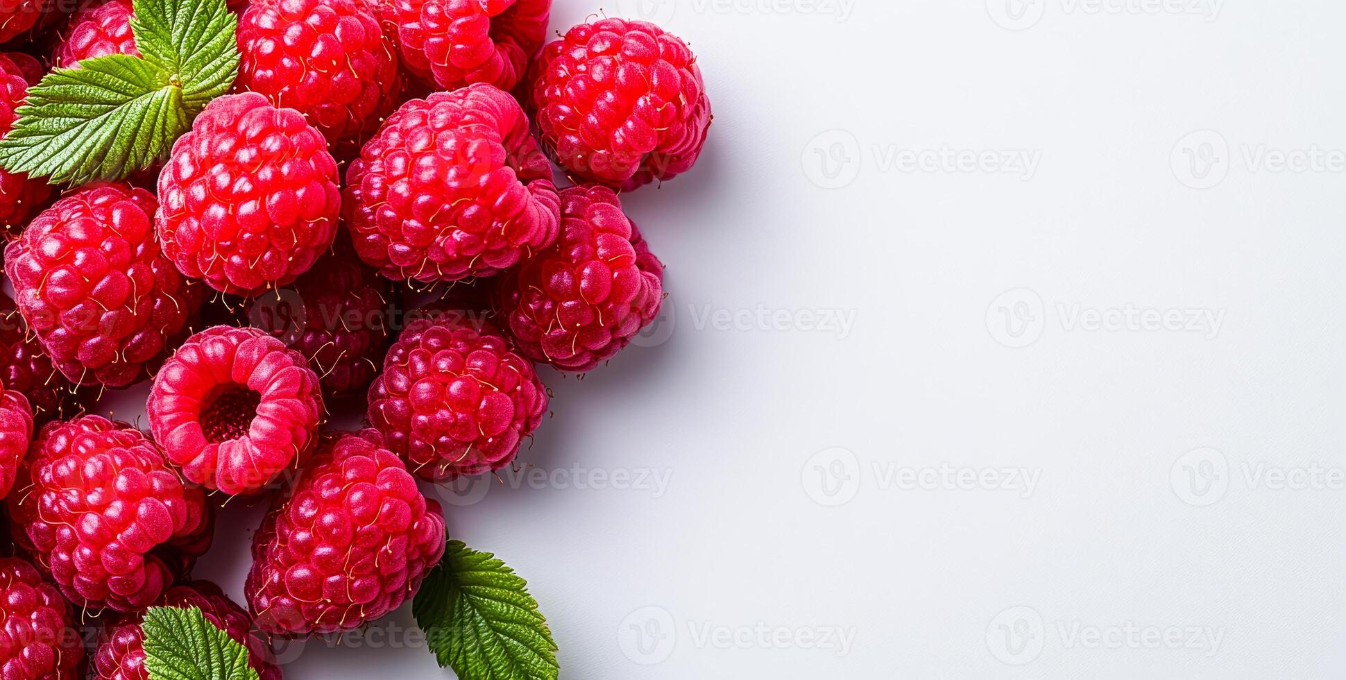 Neatly arranged raspberries and leaves. Juicy red raspberries with vibrant green leaves are displayed beautifully on a clean white background. photo