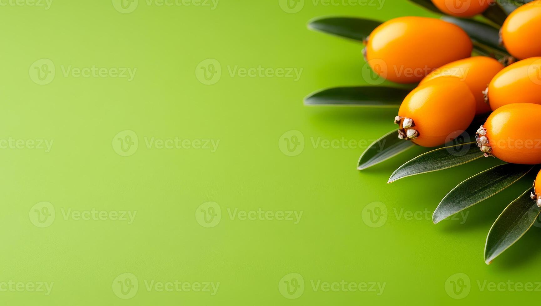 Fresh Sea buckthorn on green background. Ripe Sea buckthorn fruits sit on bright green leaves against a bright green background, showing off their vibrant orange color. photo