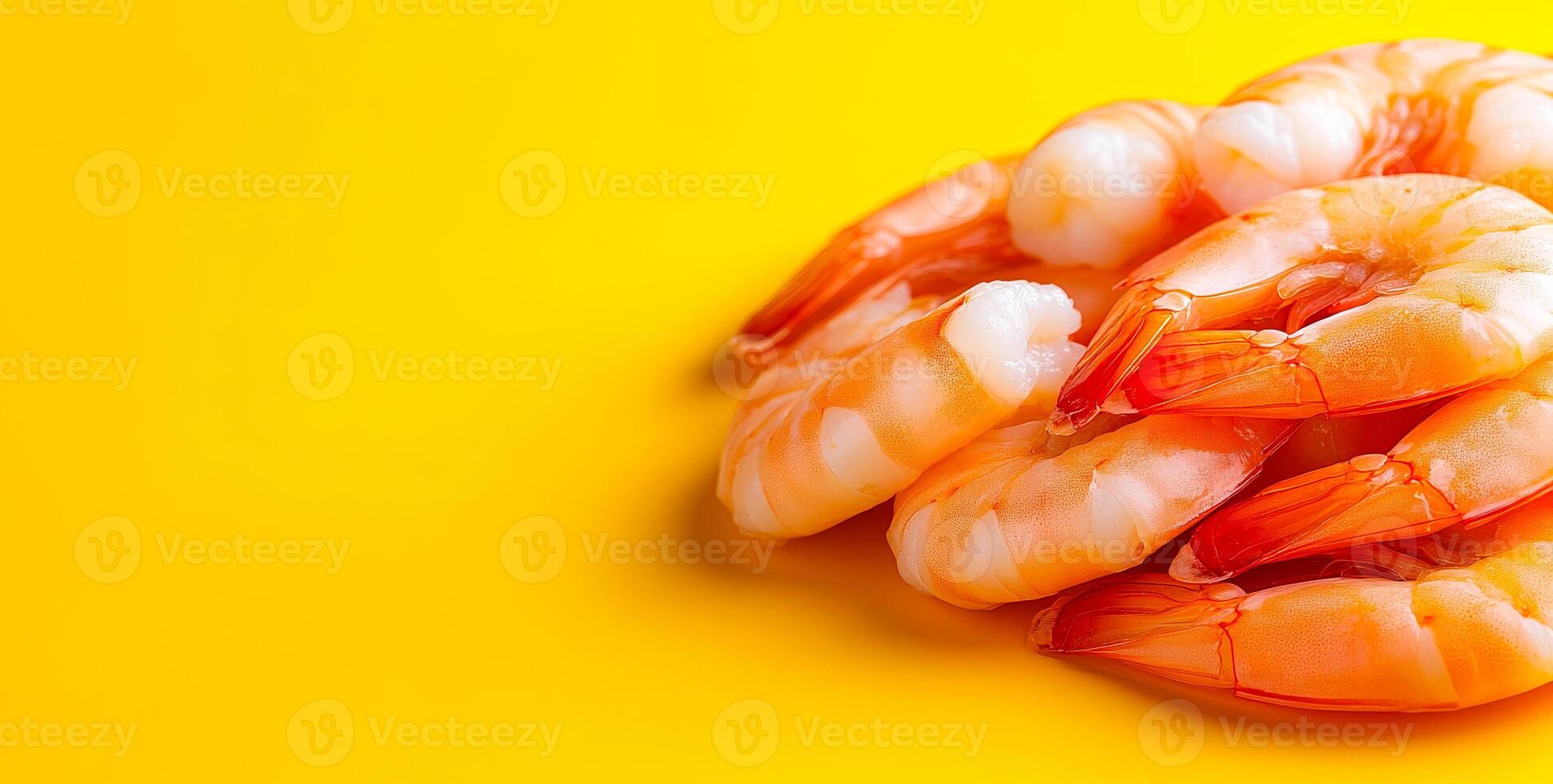Vibrant yellow shrimp. Bright orange and white shrimp are neatly displayed against a cheerful yellow background, highlighting their freshness. photo