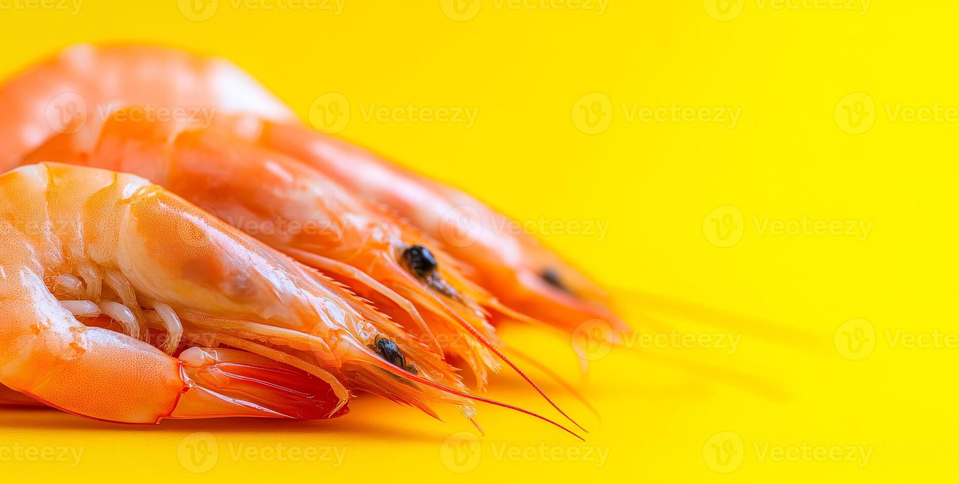 Shrimp on bright yellow backdrop. Three vibrant orange shrimp display their freshness against a bold yellow background. photo