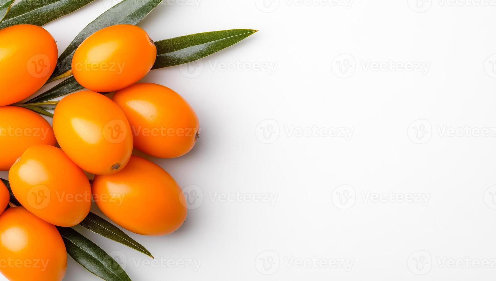 Fresh golden Sea buckthorn on white background. Cluster of bright orange Sea buckthorn with green leaves arranged neatly on a white surface, showcasing vibrant colors. photo