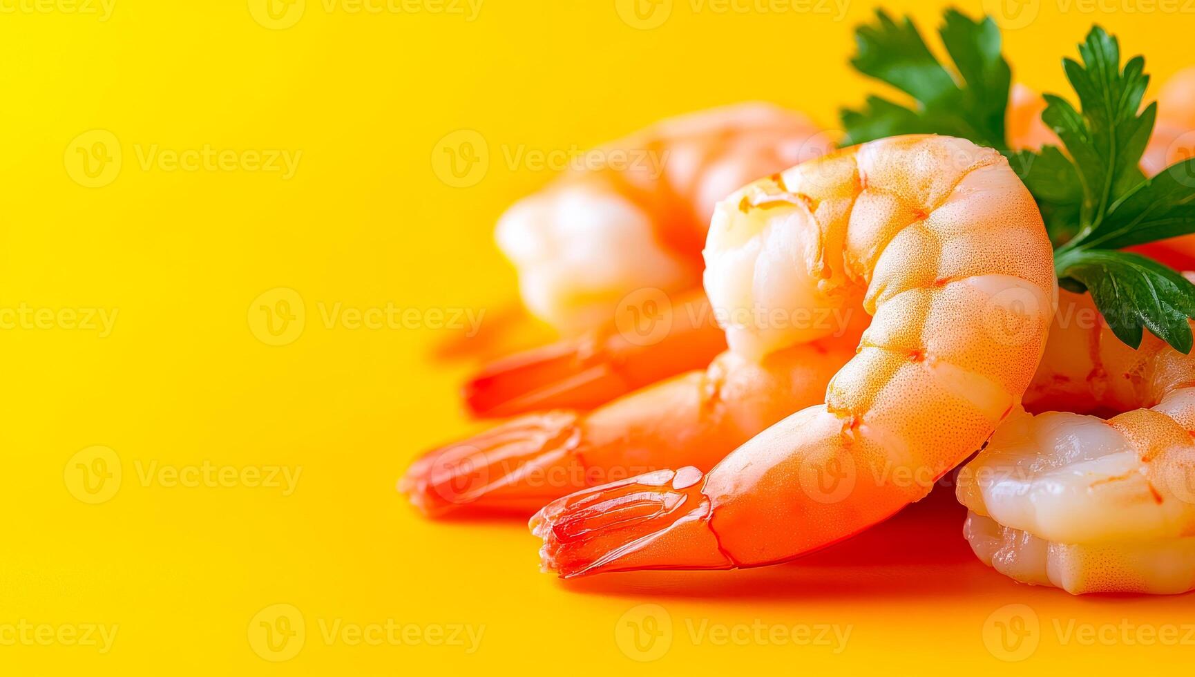 Ready-to-cook fresh shrimp. Juicy shrimp are beautifully arranged on a bright yellow background, enhancing their fresh and appetizing appeal. photo