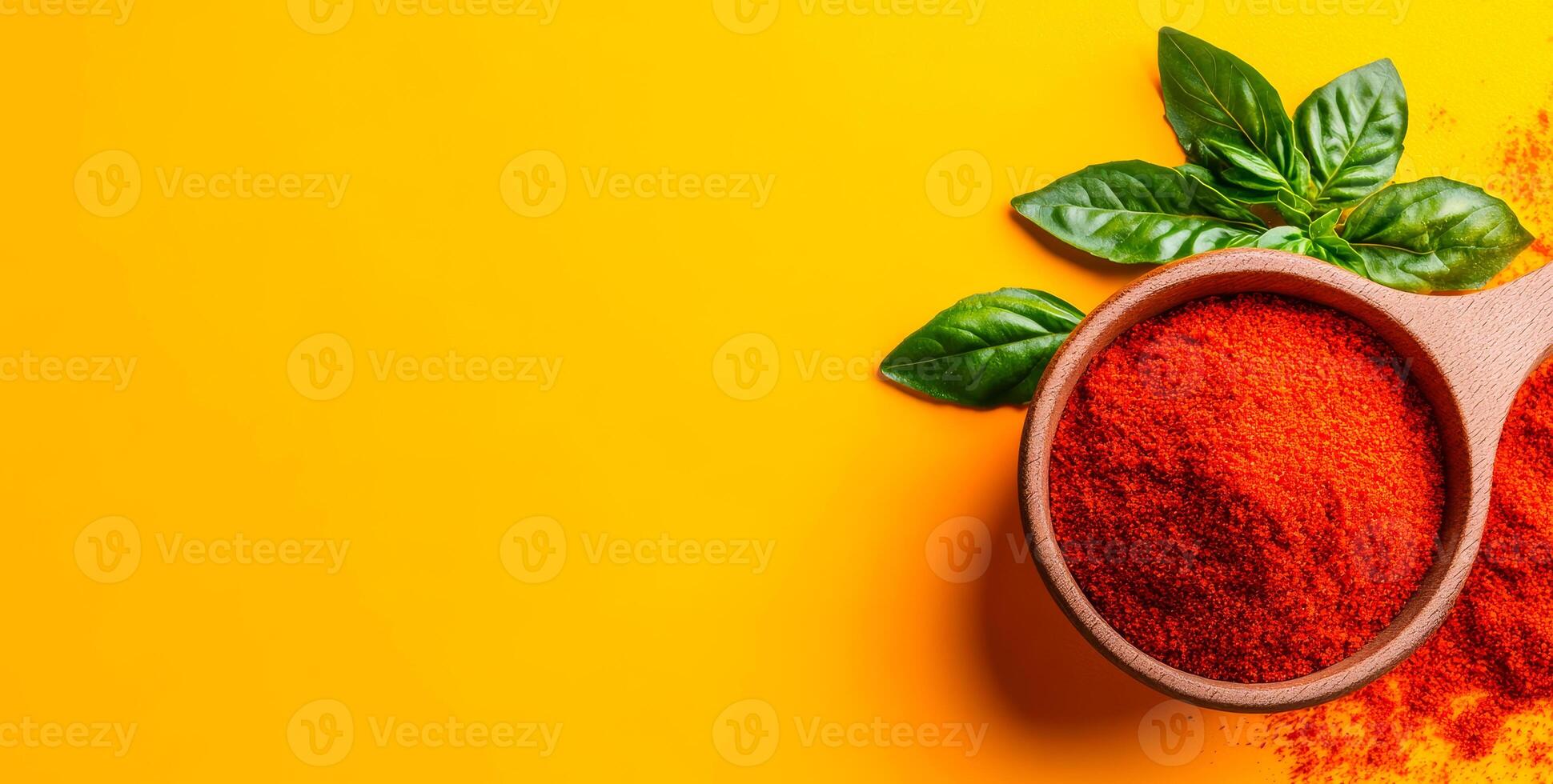 Bright spices and fresh herbs. A vibrant red spice bowl with fresh green basil on a sunny yellow background sparks culinary inspiration. photo