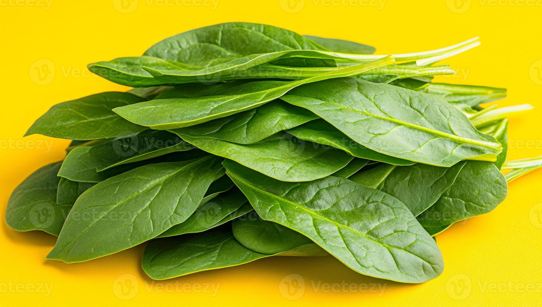 Spinach leaves on yellow surface. Fresh spinach leaves contrast vividly against a bright yellow background. photo