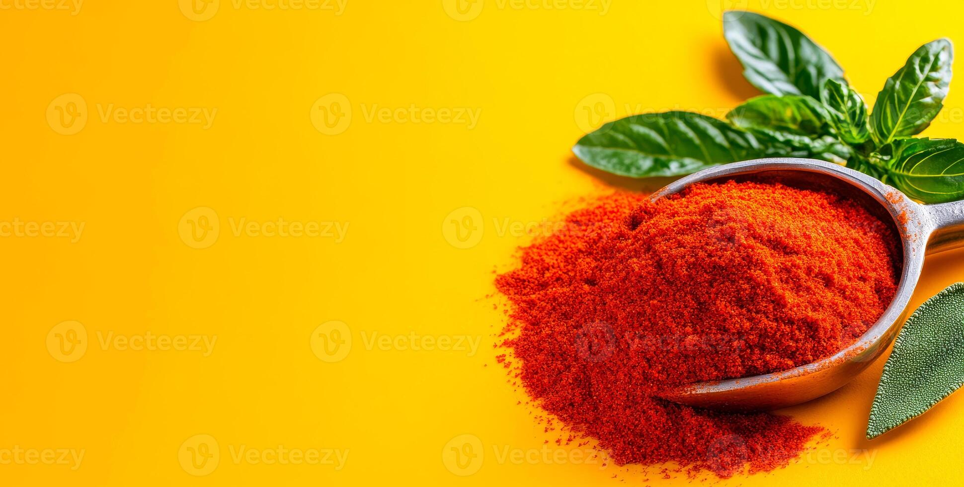 Spice and herbs on bright backdrop. A wooden spoon holds red spice next to fresh green basil and sage leaves on a vibrant yellow surface. photo
