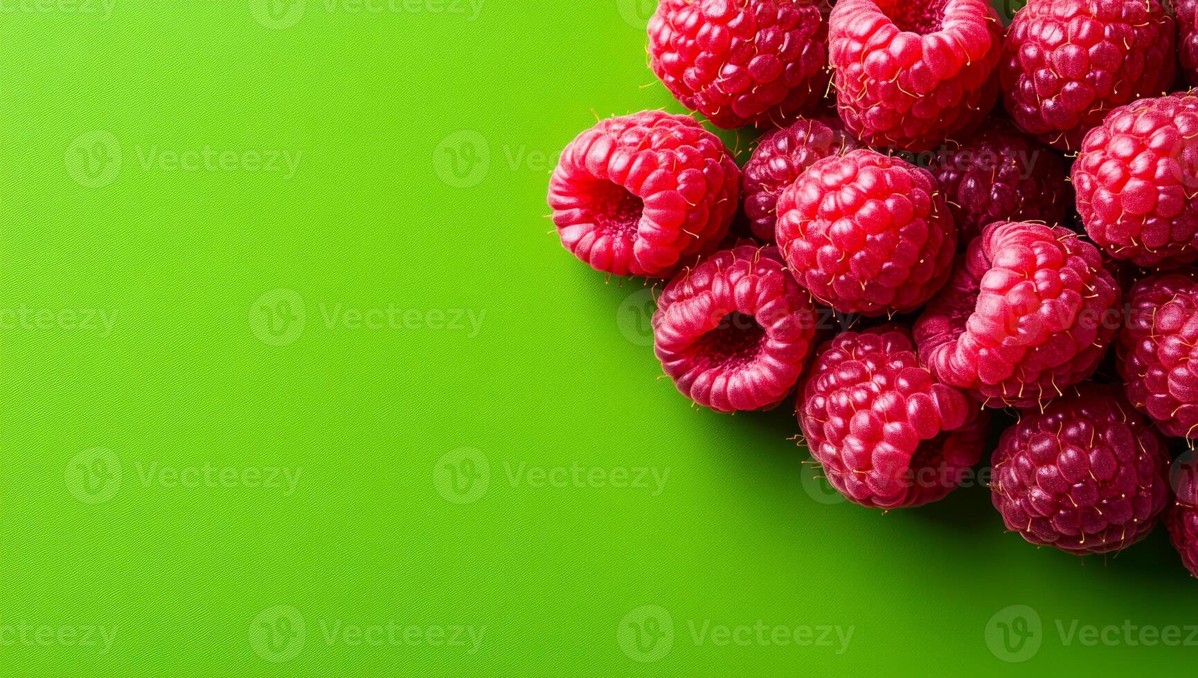 Raspberries on green surface. A cluster of ripe raspberries sits on a bright green surface, showcasing their rich color and texture. photo