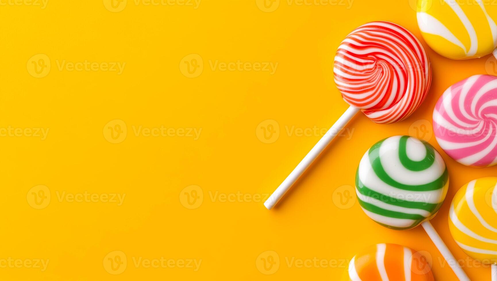 Bright lollipops on a surface. Lollipops in vibrant colors are scattered on a yellow background, showcasing their swirled patterns and playful designs. photo