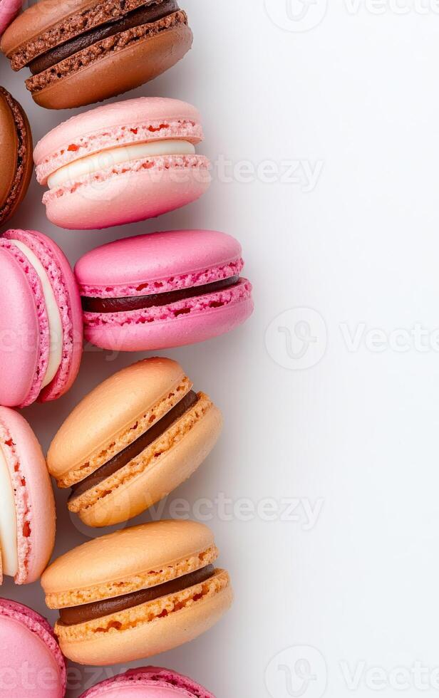 Colorful macarons arranged in a row. Assorted macarons in vibrant colors are neatly arranged, showcasing various flavors and textures on a plain background. photo