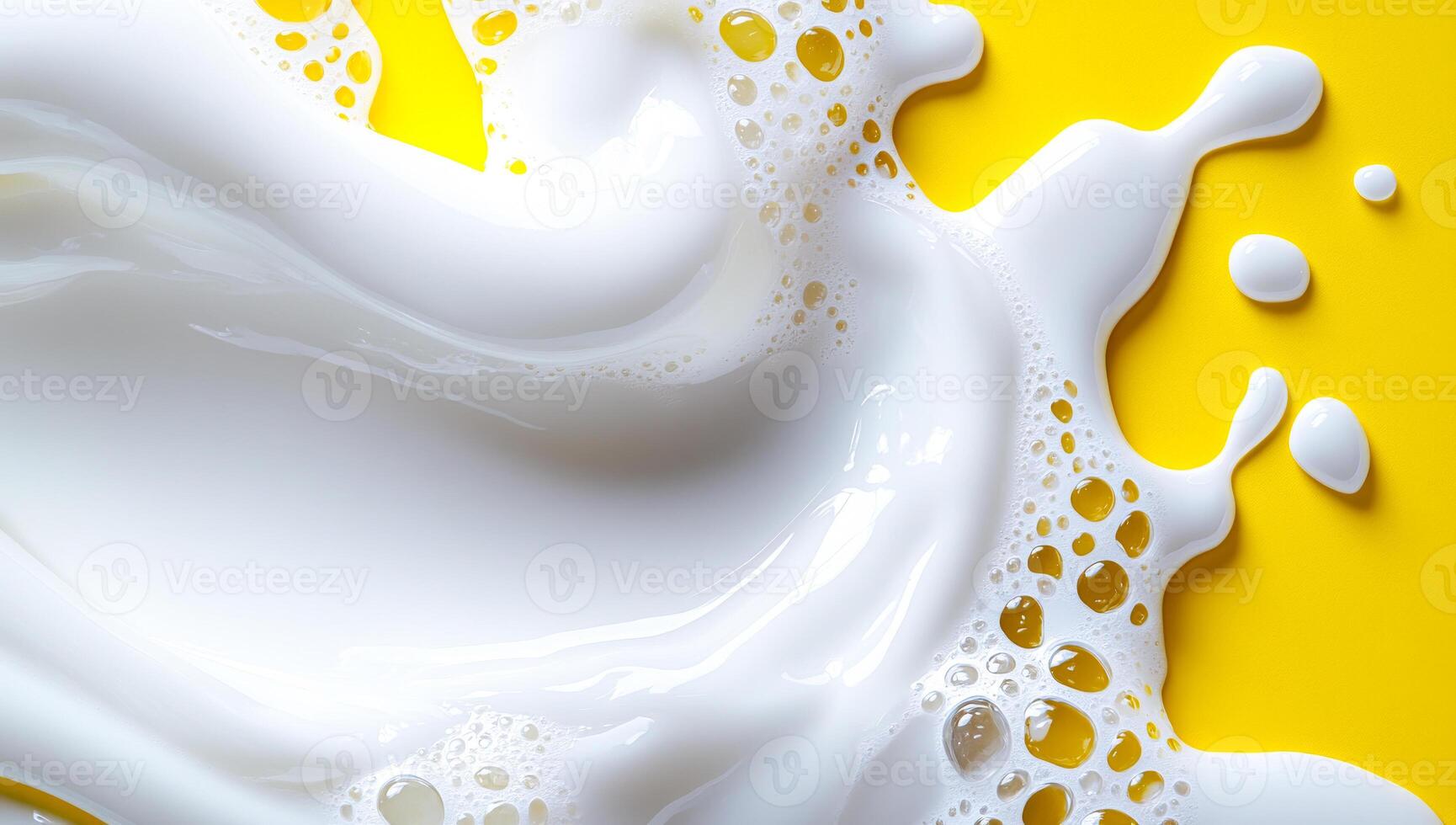 Splash of white liquid on bright yellow. Bright yellow background with dynamic white liquid splashes and bubbles creating an engaging contrast. photo