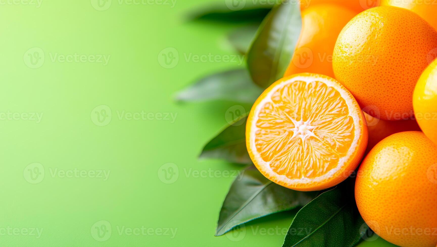 Fresh oranges on green background. Bright and vibrant oranges are arranged with leaves, showcasing their juicy texture against a green backdrop. photo