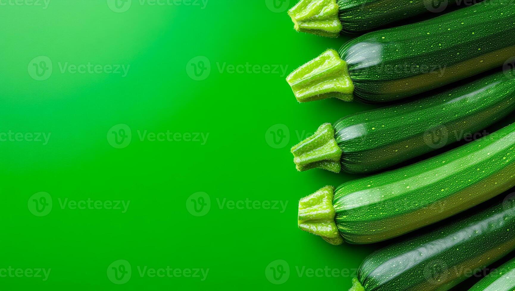 Zucchinis on green backdrop. Fresh zucchinis are lined up against a vibrant green backdrop, showcasing their glossy skin and rich color. photo