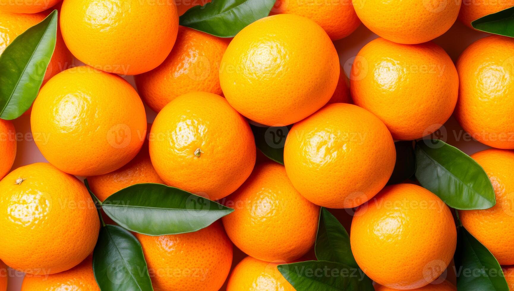 Fresh oranges with green leaves. Vibrant oranges with glossy skins and green leaves are arranged artfully on a light background, showcasing freshness. photo