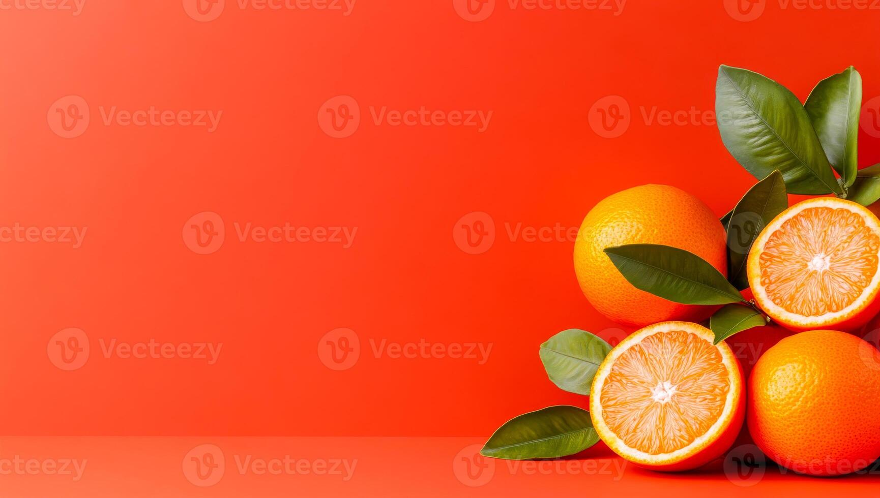 Oranges on a red backdrop. Four oranges, two whole and two halved, with green leaves on a bright red background show natural freshness. photo