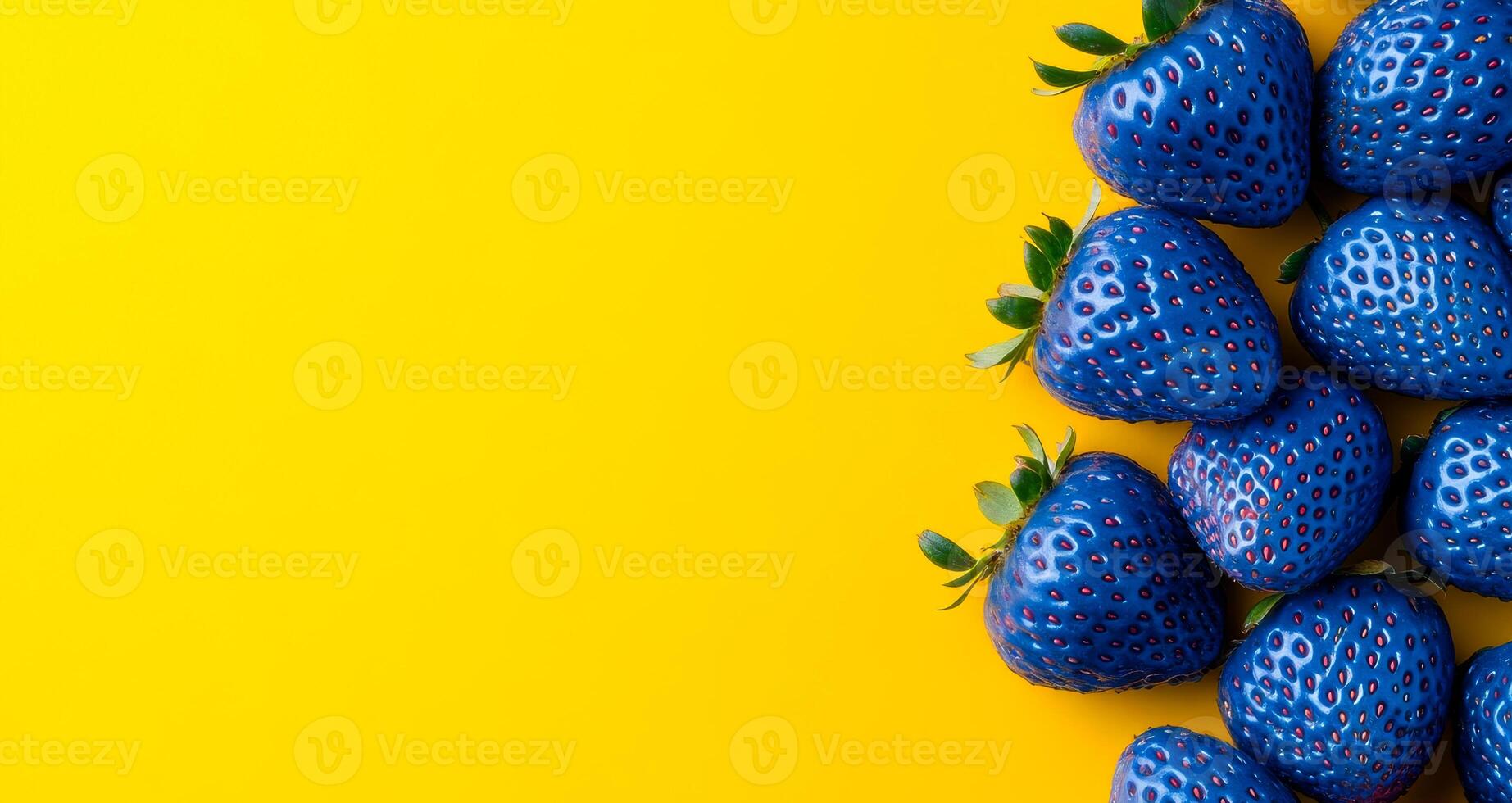 Vivid strawberries on bright bg. Blue strawberries are arranged on a vibrant yellow surface, creating an eye-catching and artistic display of fruit. photo