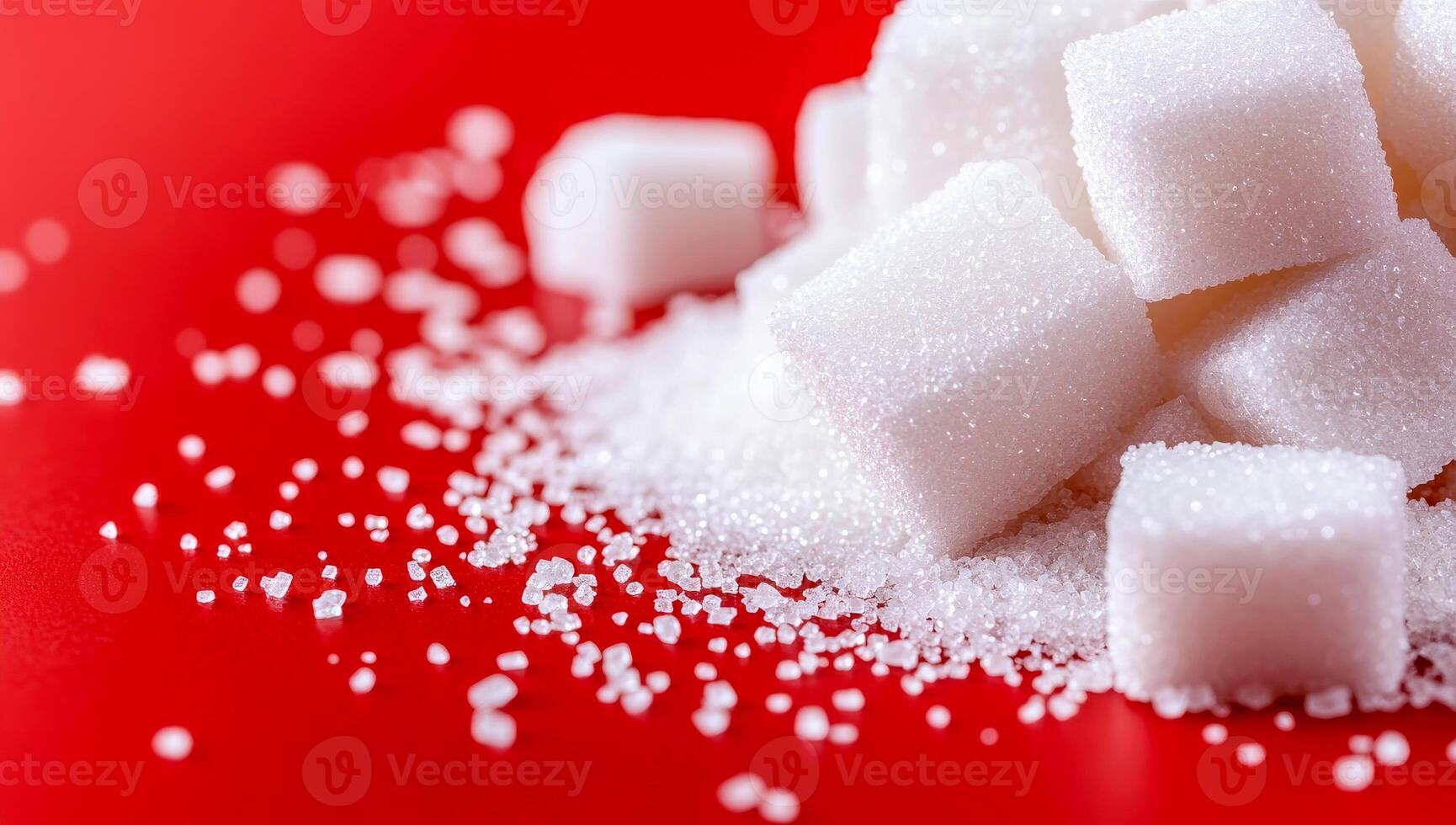 Sweet sugar cubes piled on red surface. Sugar cubes are stacked on a bright red surface, with granulated sugar scattered around, creating a contrasting display. photo