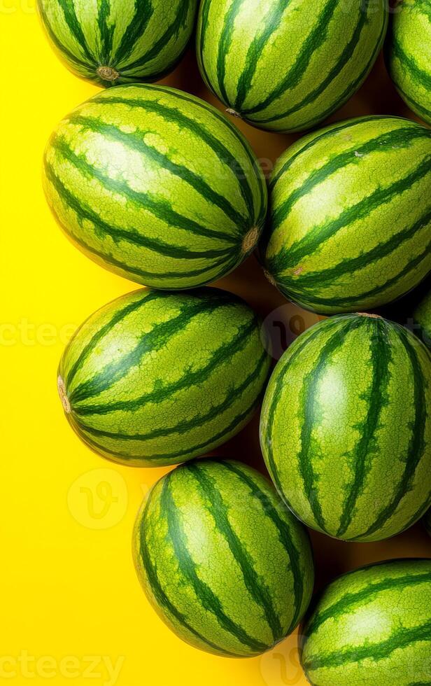 Watermelons on yellow backdrop. Brightly colored watermelons are neatly placed on a vibrant yellow background, showcasing their striped patterns. photo