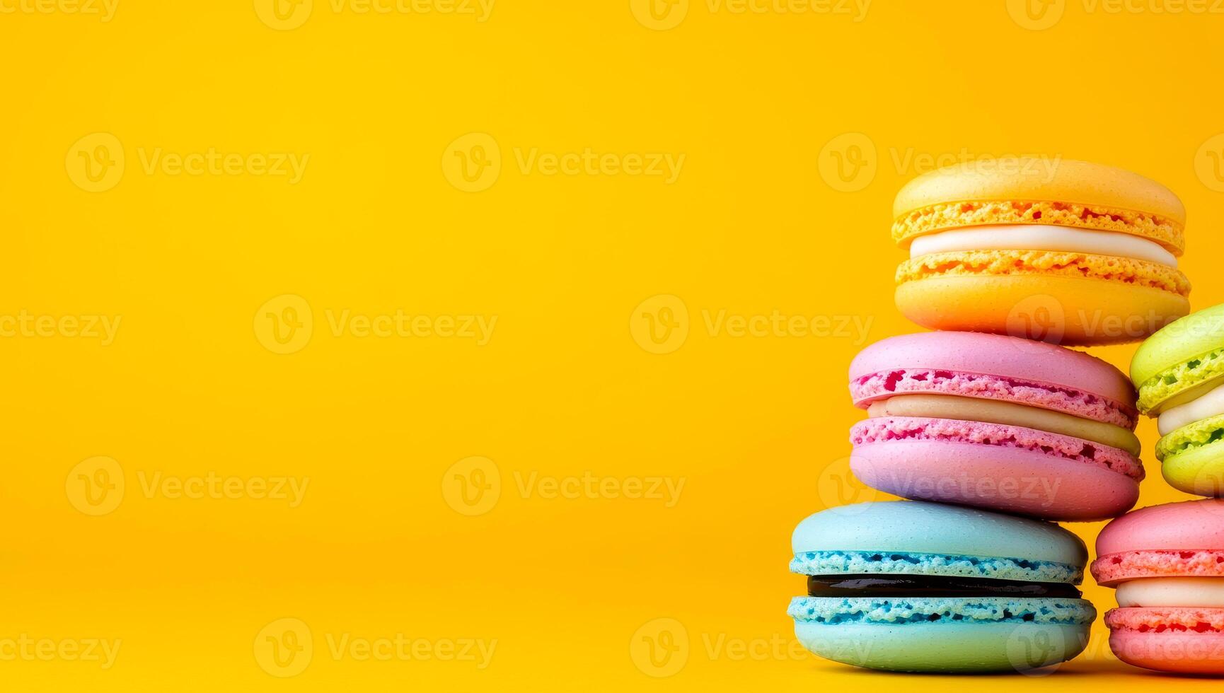Vibrant macaron stack. Pastel macarons are artfully stacked on a bright yellow background, highlighting their delicious textures. photo