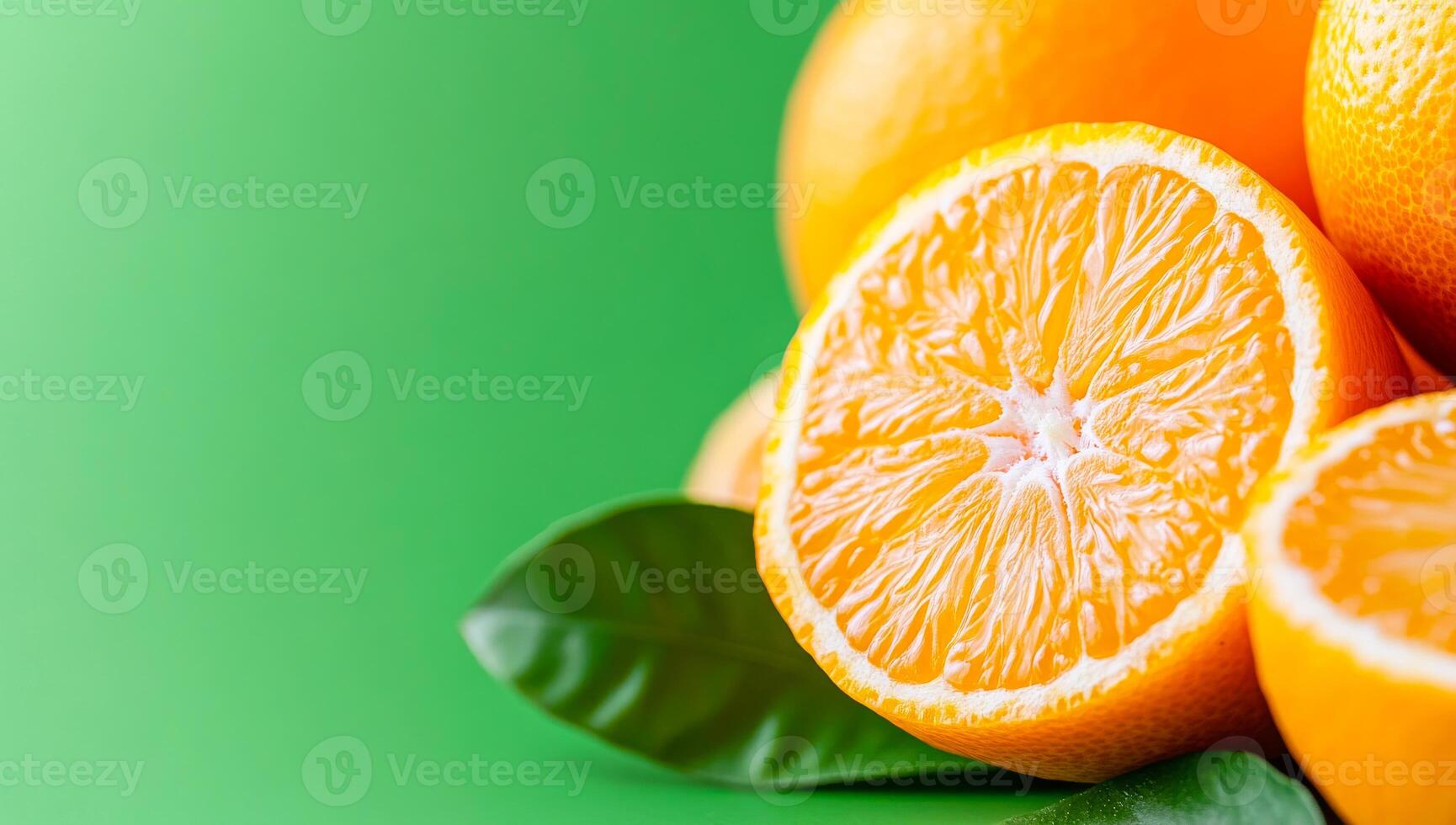 Sliced oranges on a bright surface. Slices of juicy oranges are displayed on a bright green background, showcasing their vibrant color and texture. photo