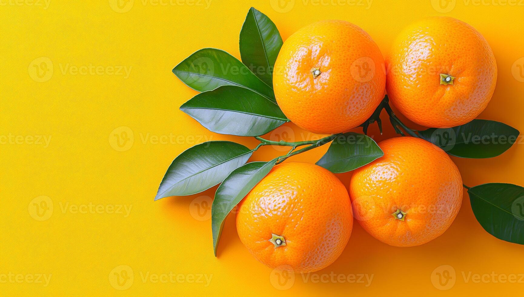 Oranges with leaves on bright bg. Four vibrant oranges with green leaves are neatly arranged against a bright yellow background, showcasing freshness. photo