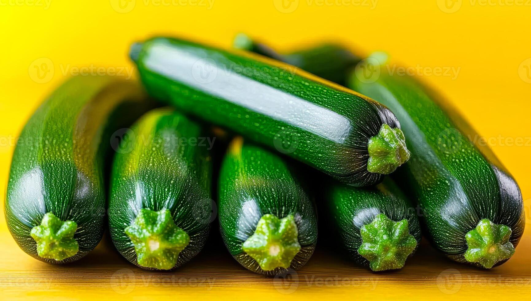 Fresh zucchini stacked on yellow surface. A vibrant collection of fresh zucchini shines against a bright yellow background. photo