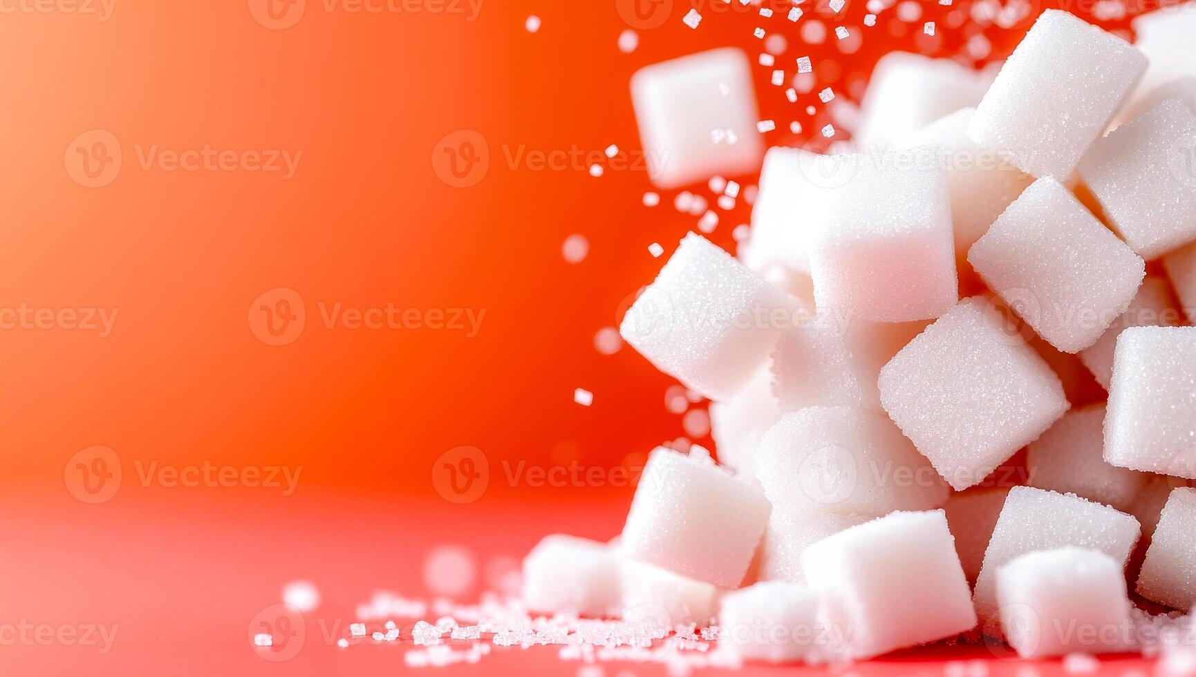 Sugar cubes on bright background. Cubes of white sugar stack up against a bright orange backdrop, spilling sweet granules. photo