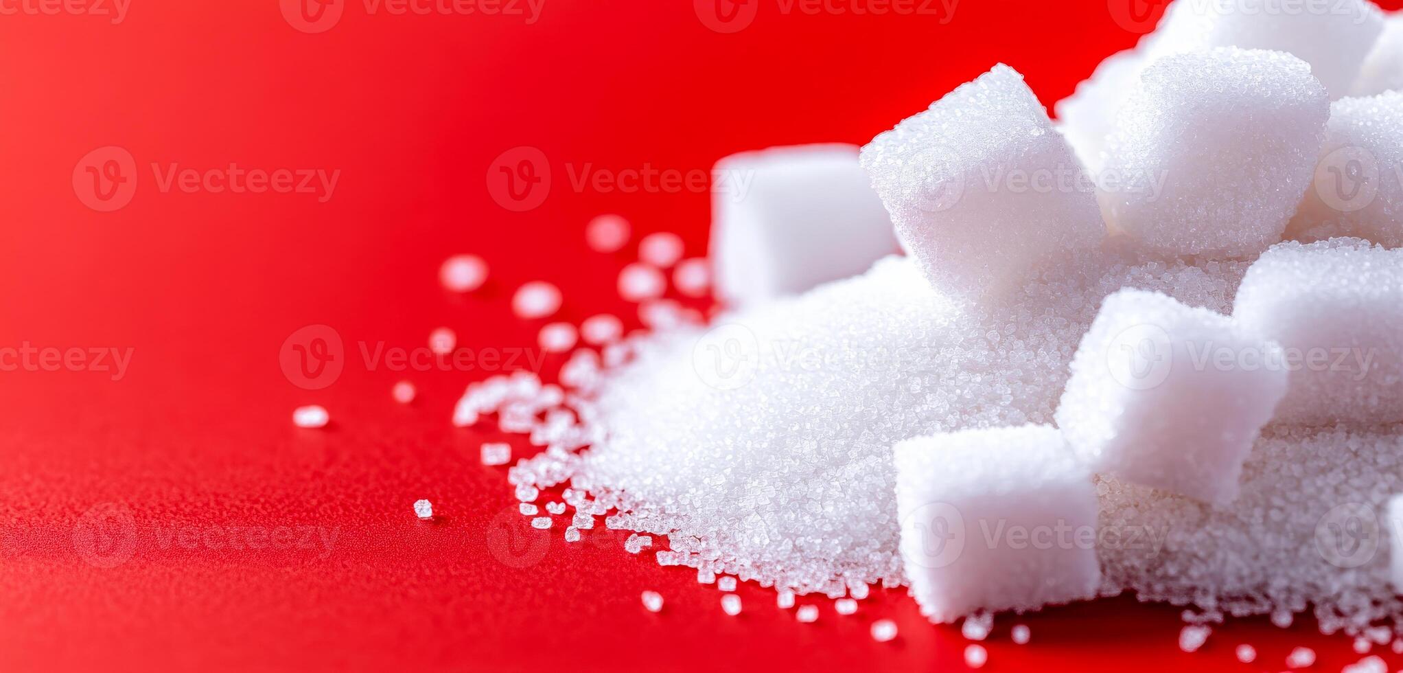 Red surface with sugar cubes. Cubes of sugar and granulated sugar are piled on a vibrant red surface, showcasing their textures and brightness. photo