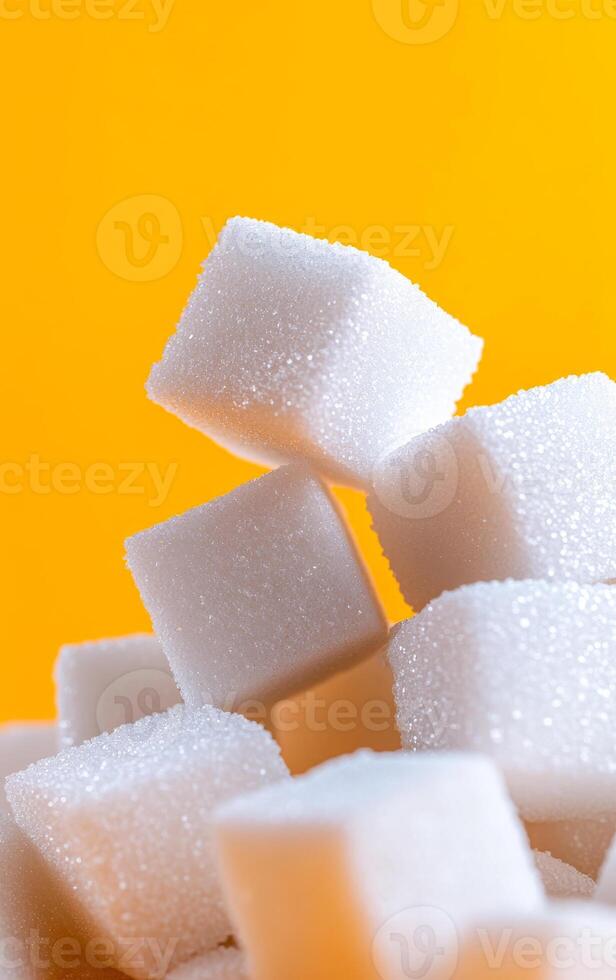 Stacked sugar cubes on bright bg. White sugar cubes are stacked in an artistic arrangement on a vibrant orange background, highlighting their texture. photo