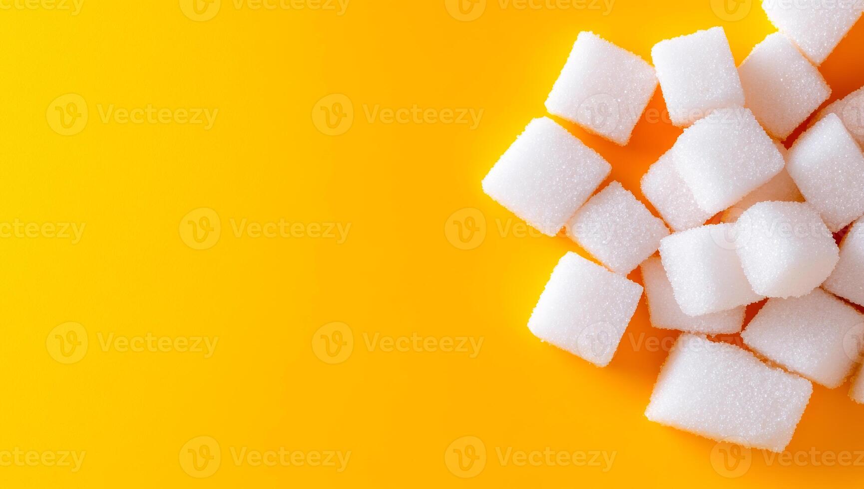 Sugar cubes on yellow surface. Several white sugar cubes are scattered on a vibrant yellow background, creating a colorful and sweet display. photo