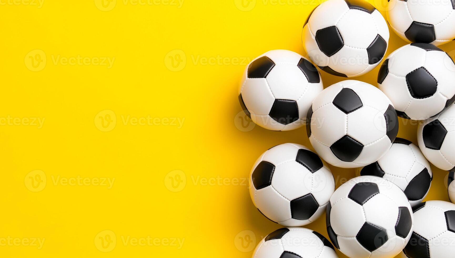 Soccer balls on yellow. Multiple soccer balls are scattered across a bright yellow surface, creating a lively and playful atmosphere. photo