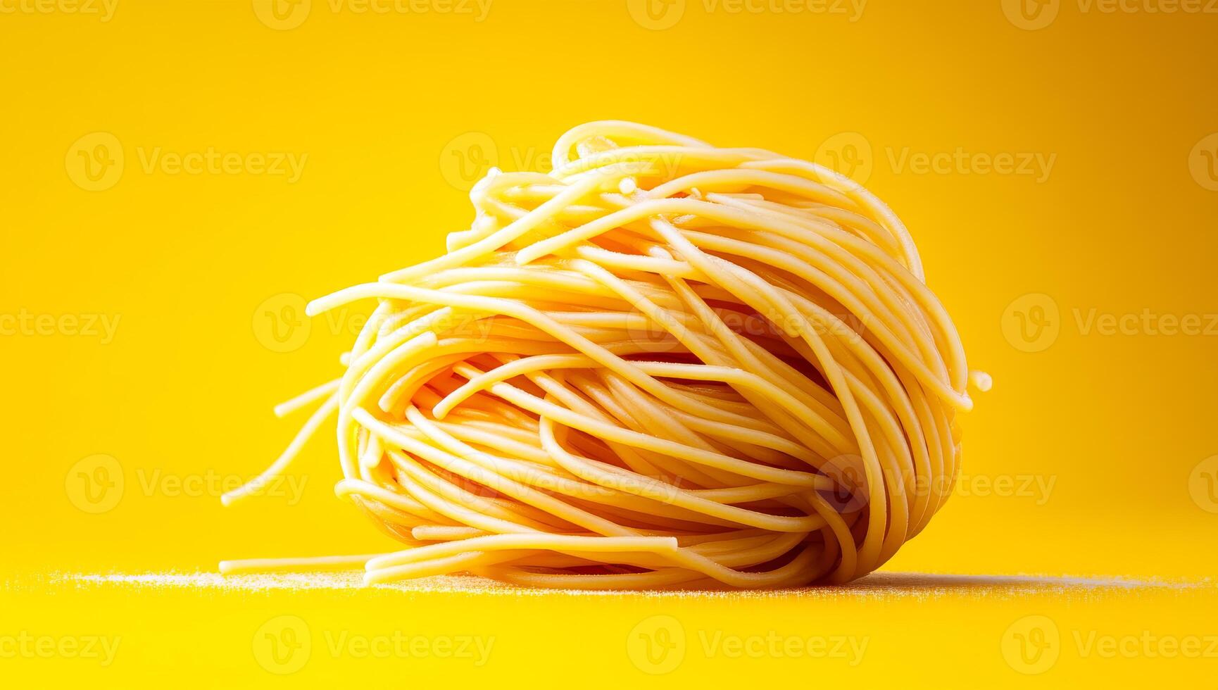 Spaghetti on a bright yellow background. A tangled ball of uncooked spaghetti sits on a vibrant yellow surface, highlighting its texture and color. photo