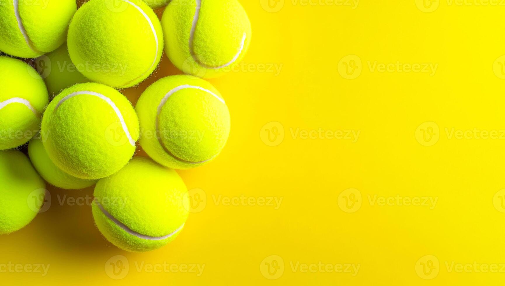 Yellow tennis balls on bright bg. Pile of bright yellow tennis balls rests on a vibrant yellow surface, creating a lively and dynamic visual effect. photo