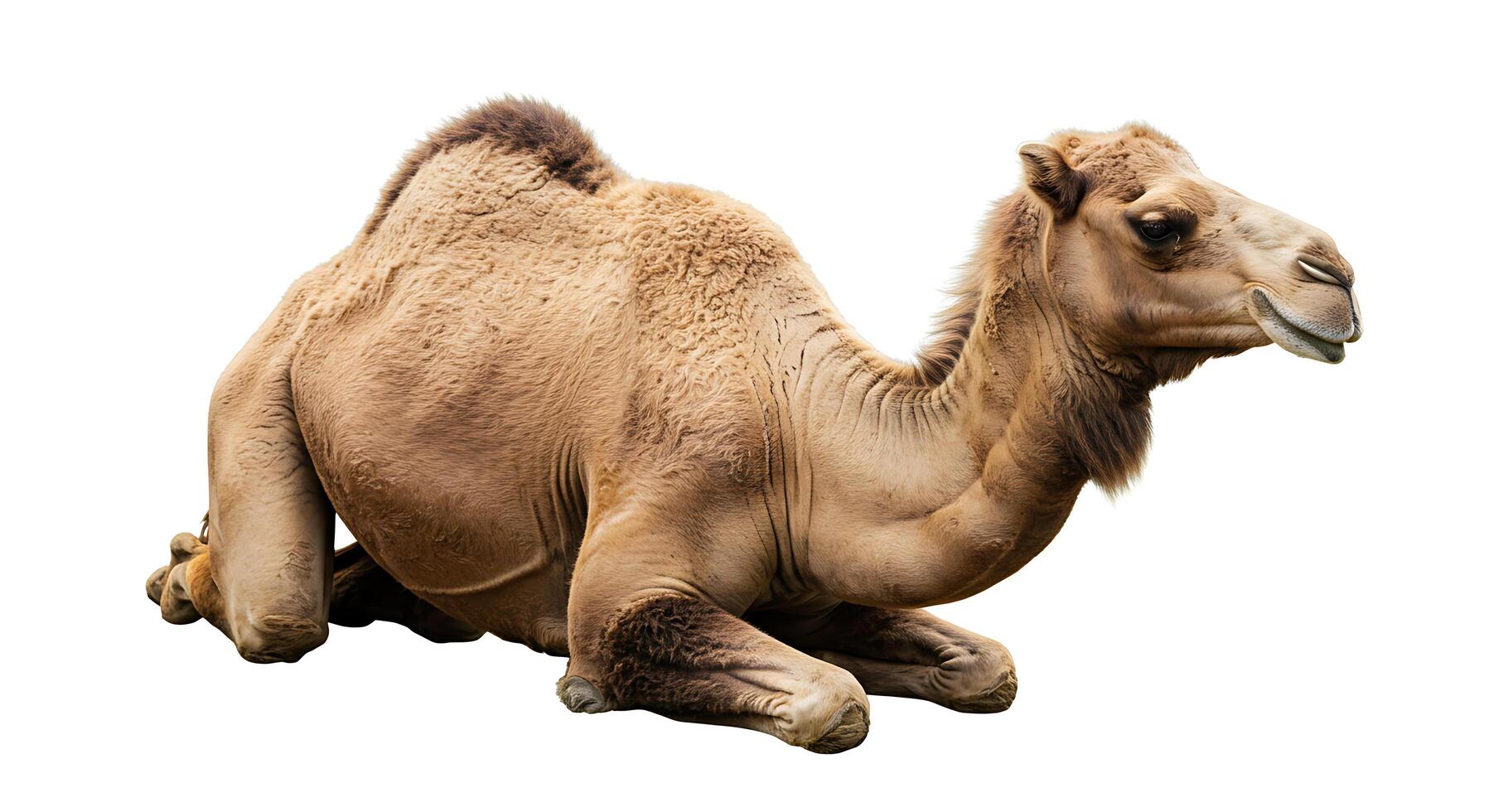 Resting Camel Isolated on White Background for Educational or Travel Uses photo