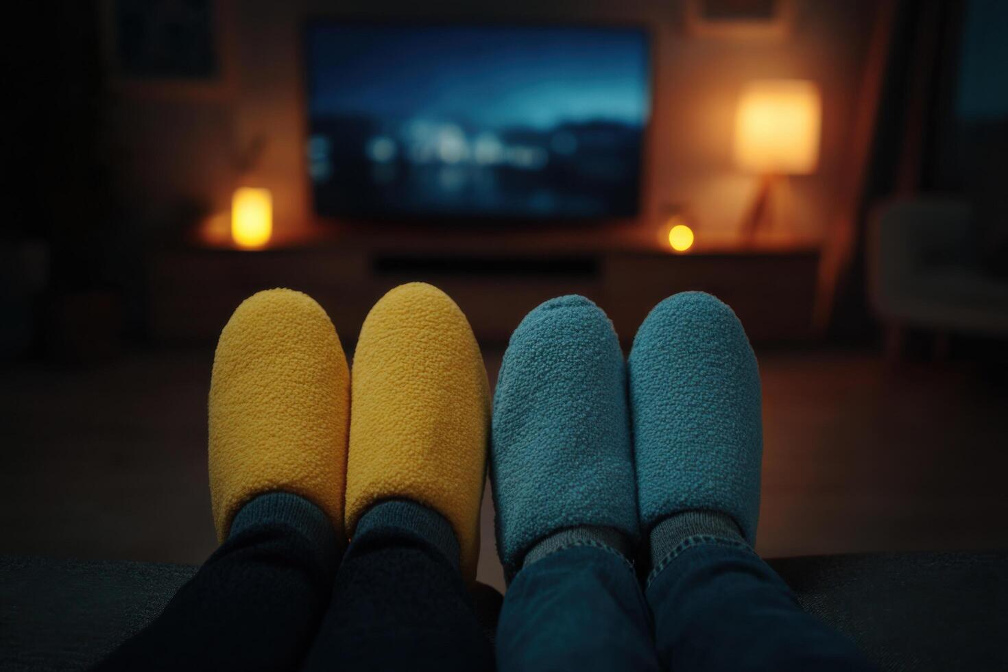 Cozy Couple Enjoying a Relaxing Night In Watching TV, Wearing Slippers, and Embracing the Comfort of Home photo
