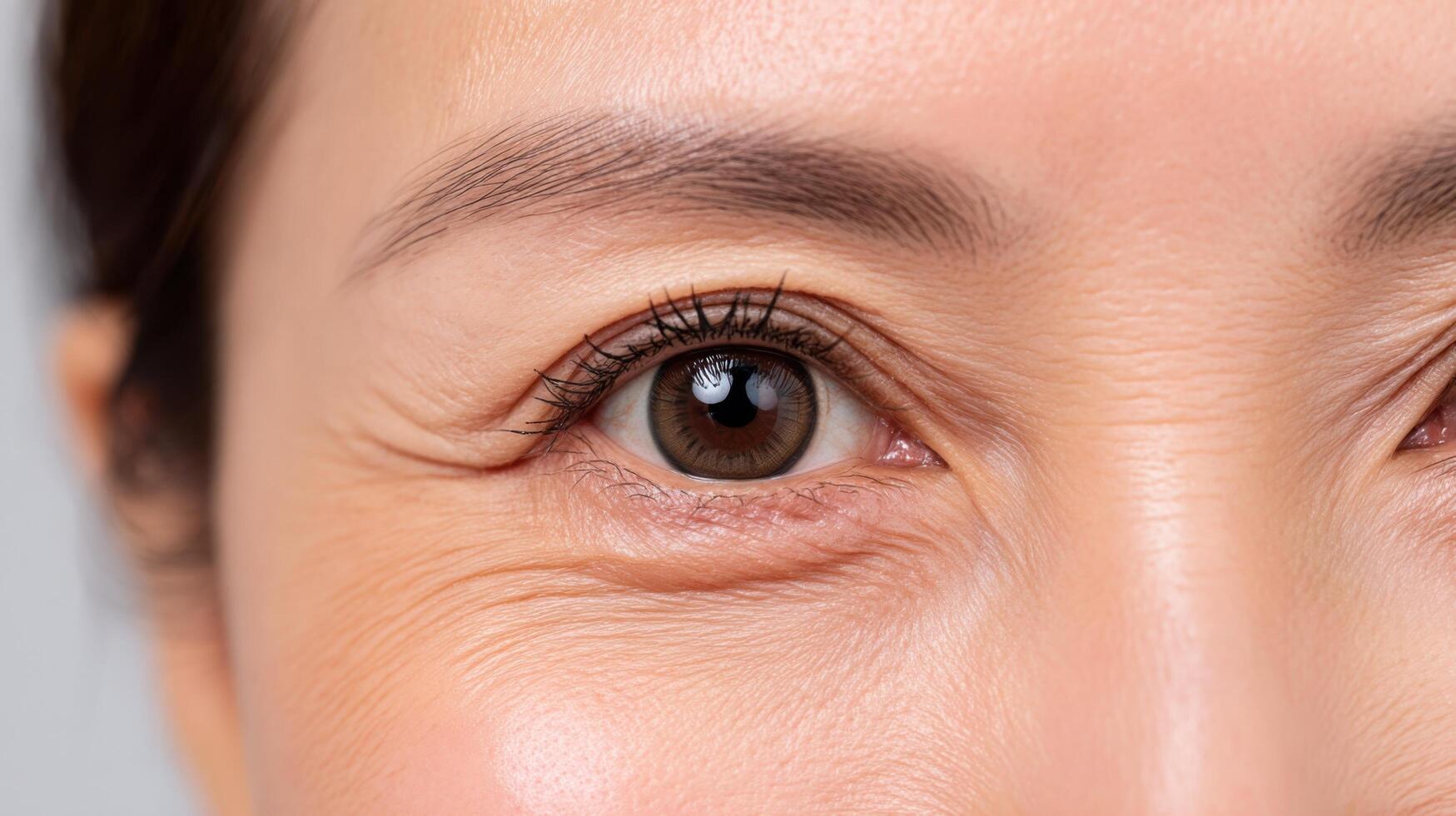 of a Woman's Eye, Showing Texture and Detail of Skin, Wrinkles, and Eye Color. A Detailed Macro Portrait of Female Beauty and the Aging Process. photo