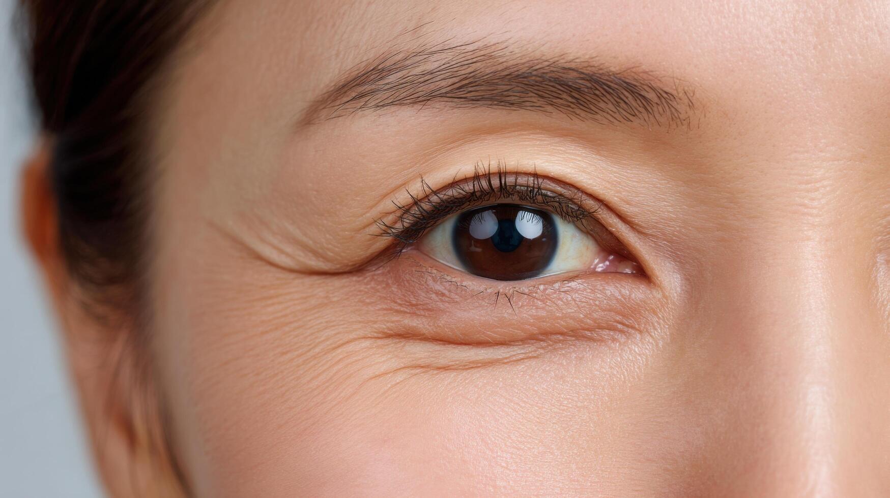 of a Woman's Eye, Showing Details of Skin Texture and Wrinkles. A Captivating Image Representing Beauty and the Aging Process. photo