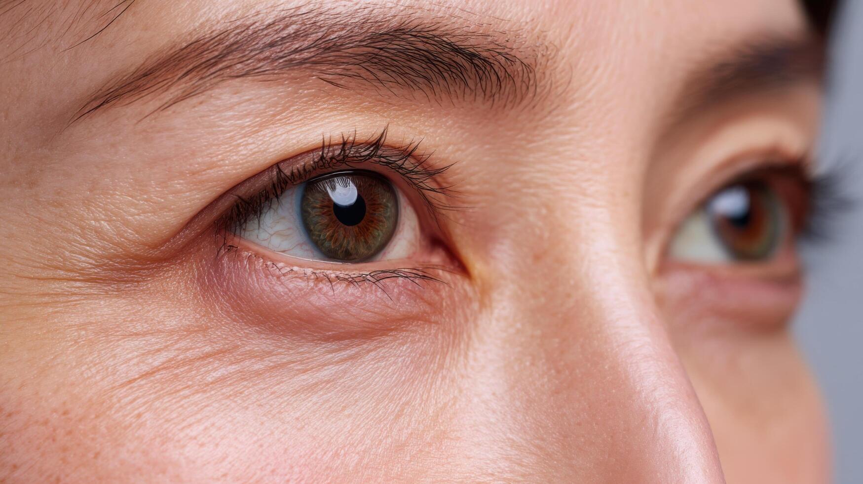 view of a woman's eye, showcasing the intricate details of her skin texture and subtle wrinkles. A captivating portrait highlighting the beauty of aging and the human experience. photo