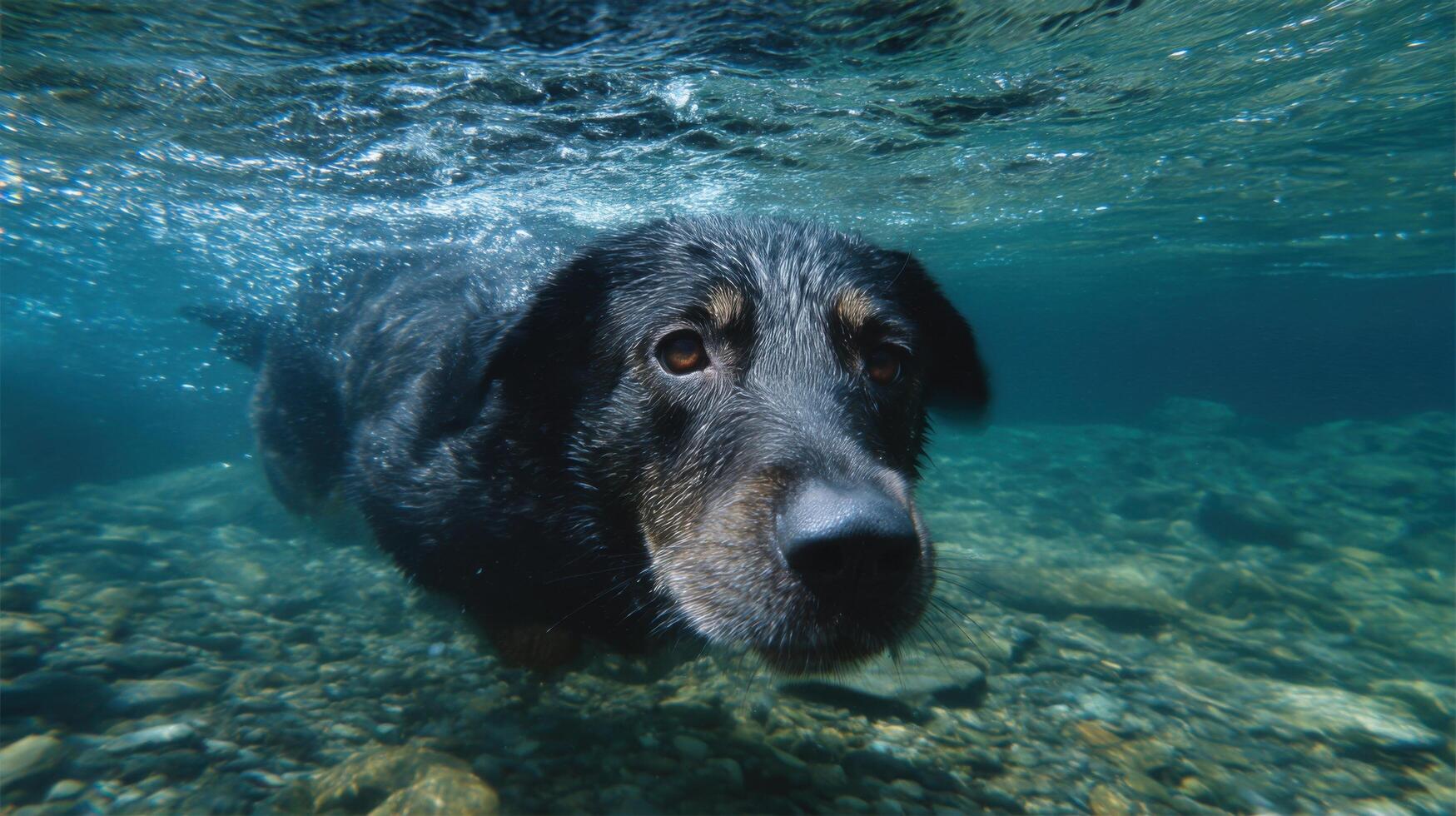 A Stunning Underwater Portrait of a Dog Swimming Gracefully in a Crystal Clear River. The image captures the animal's serene expression and the beauty of its aquatic environment. photo