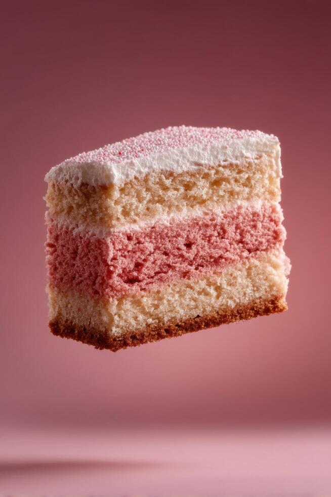 A delightful three layered pink cake, adorned with delicate sprinkles and creamy frosting. This sweet treat is perfect for satisfy photo