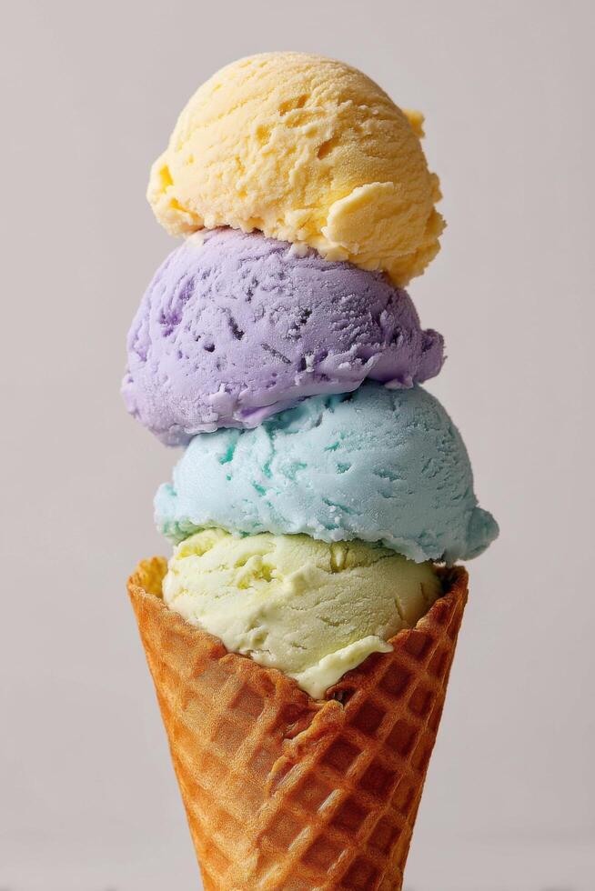 A delightful stack of pastel ice cream scoops in a waffle cone, a perfect summer treat. Creamy vanilla, lavender, and mint flavors photo