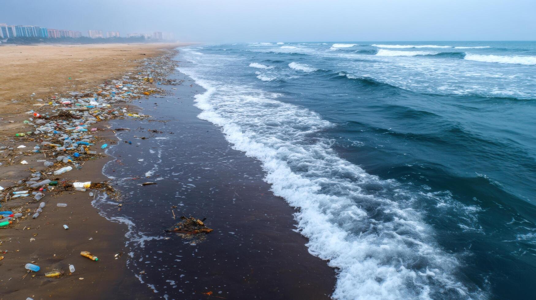 Coastal Pollution A Tragic View of Environmental Degradation. Plastic waste and debris on the beach, highlighting the urgent need photo