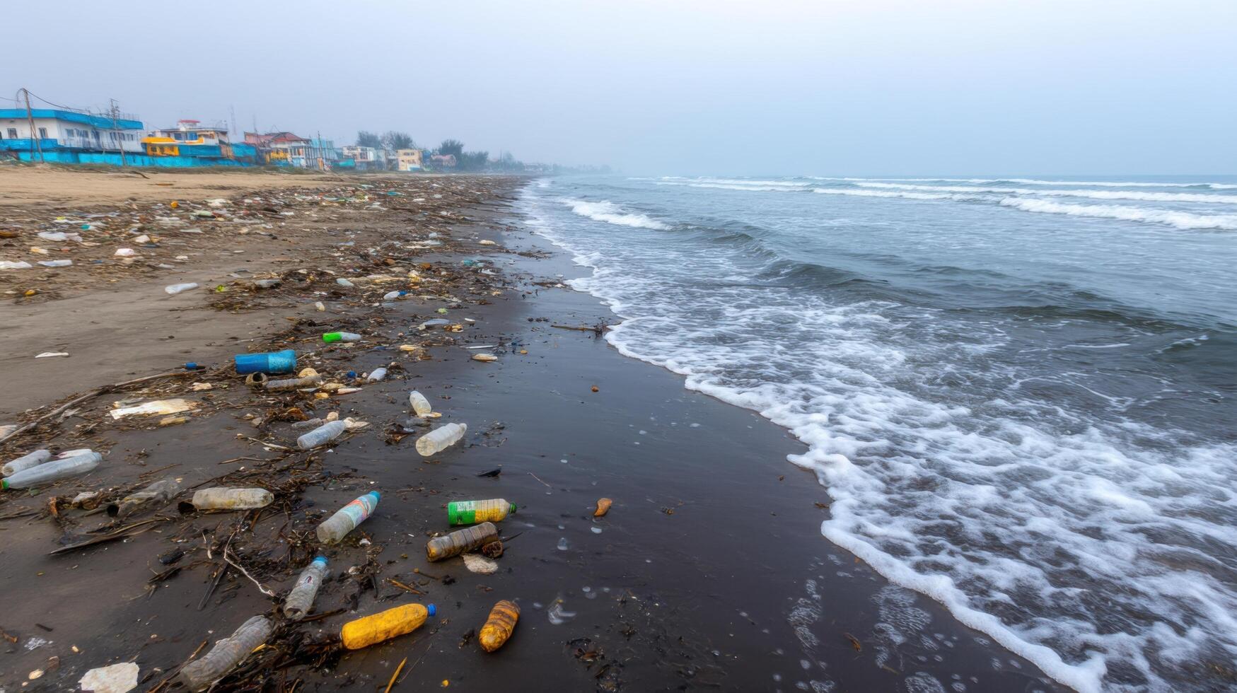 Coastal Pollution A Shocking View of Plastic Waste on a Polluted Beach. Urgent need for environmental cleanup and sustainability e photo