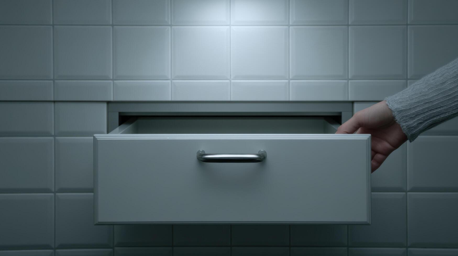 A hand opens a drawer in a minimalist kitchen or bathroom, revealing an empty interior. The scene is clean, modern, and mysterious photo