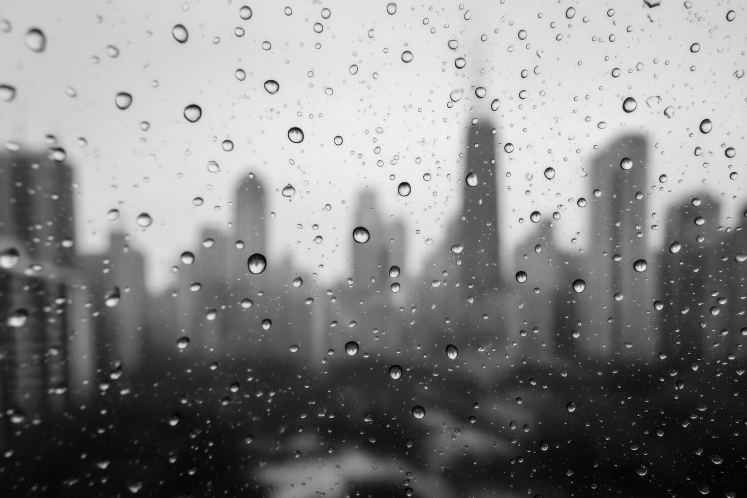 Rain Kissed Cityscape A Monochromatic View Through a Rain Streaked Window. The urban landscape is subtly revealed through the mesm photo