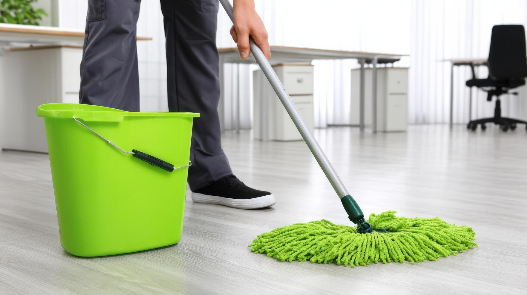 Cleaning Service Professional Floor Cleaning with Mop and Bucket. Maintaining Hygiene and Sanitation in Homes and Offices. photo